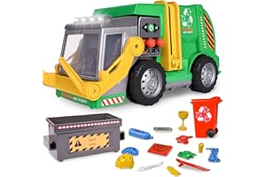 Maxx Action Large Motorized 19" Maxx Action Garbage Truck Toy Set with Lights and Sound Includes Dumpster, Trash Bin and Miniature Trash Pieces for Kids