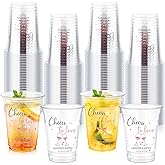 Tiangrid 100 Pcs Plastic Wedding Cups 16 oz Cheers to Love Wedding Reception Cups Bulk Disposable Clear Plastic Drinking Glasses for Bridal Shower Engagement Bachelorette Party Supplies