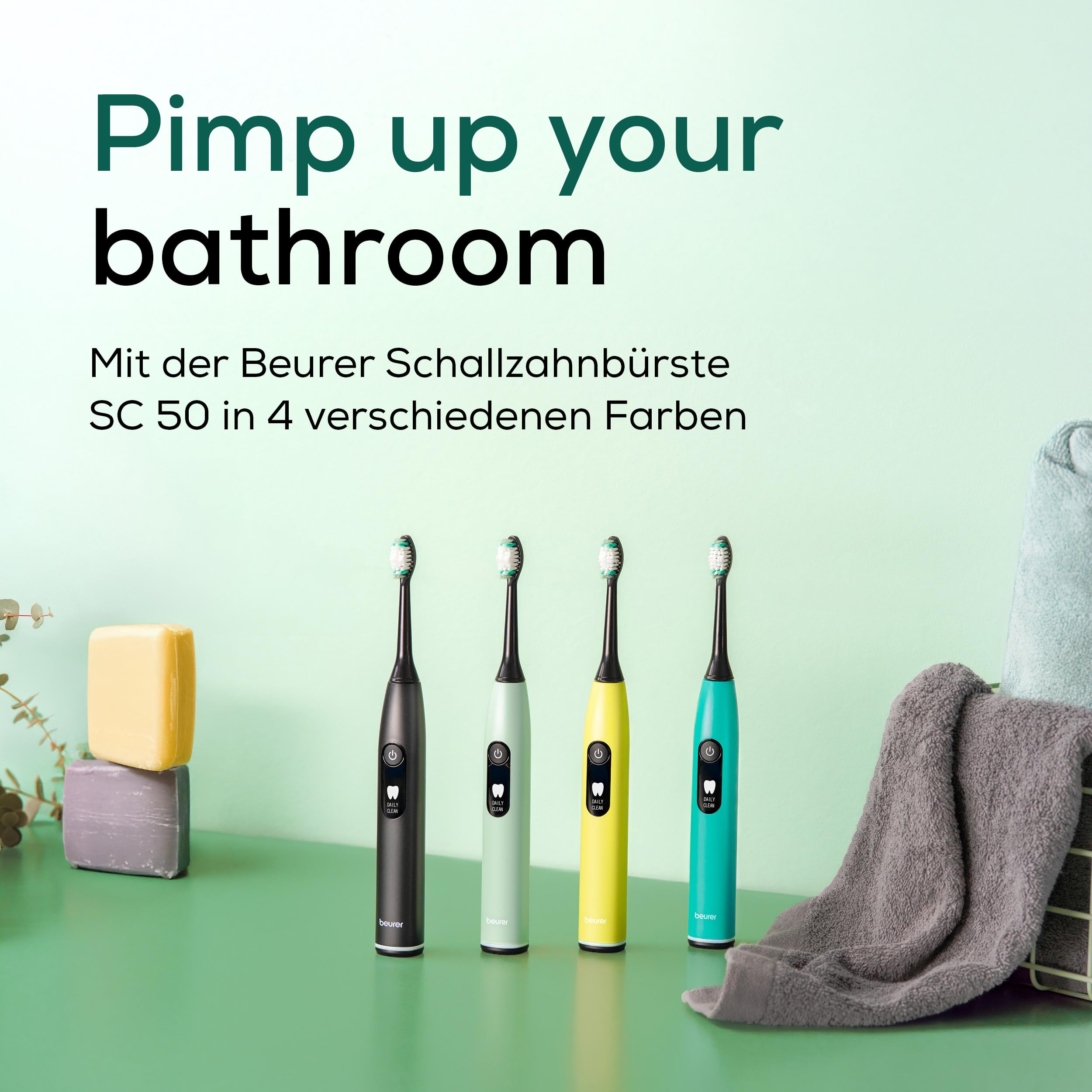 Beurer SC 50 Schallzahnbürste, elektrische Zahnbürste mit 5 Putzmodi & Andrucksensor, 80.000 Schwingungen, Display mit Putzdauer-Anzeige, inkl. 2 Aufsteckbürsten, 100% recyceltes Gehäuse (Peppermint) 8