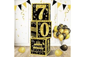 Eiurteao 3pcs 70th Birthday Decorations Boxes for Men Women, Black Gold Happy 70 Birthday Balloons Boxes Party Supplies, 70 Year Old Bday Theme Cardboard Box