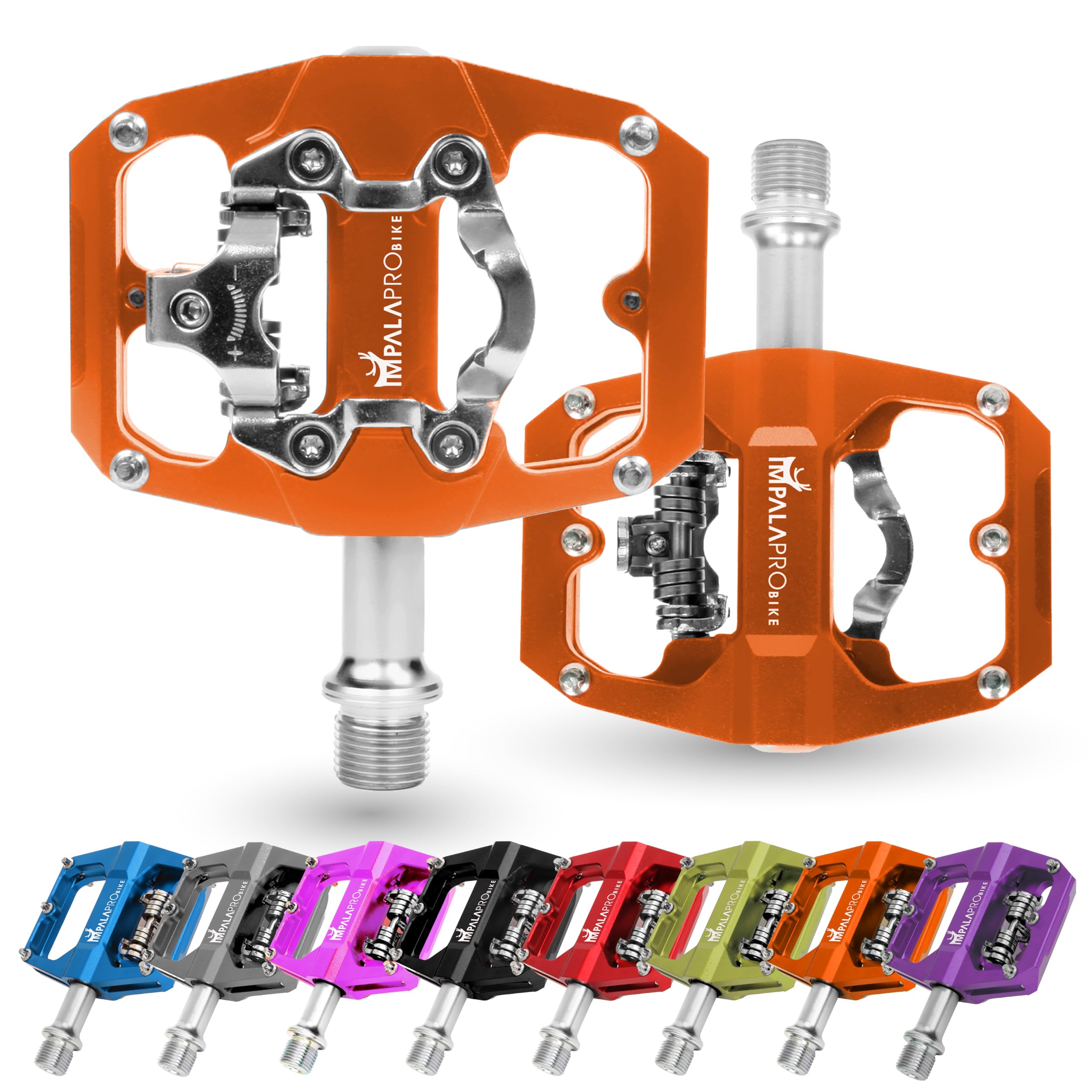 IMPALAPRO - Dual Function Bicycle Flat Pedals and SPD Pedals 9/16'' Compatible with Shimano SPD Pedals - Dual Platform MTB Flat Pedals and SPD Clipless Pedals (Orange)