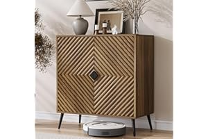 Algherohein Sideboard Cabinet with Adjustable Shelf, Freestanding Walnut Small Buffet with Storage, Wooden Console Cabinet with Diamond Parquetry Doors for Living Room, Entryway, Console