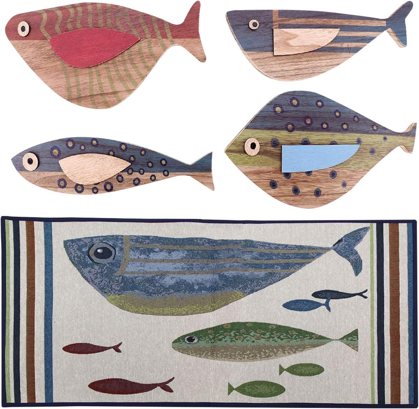 Corner Merchant Lake House Rug and Fish Wall Decor for The Home - Wooden Fish Wall Decor and Fish Rug Set
