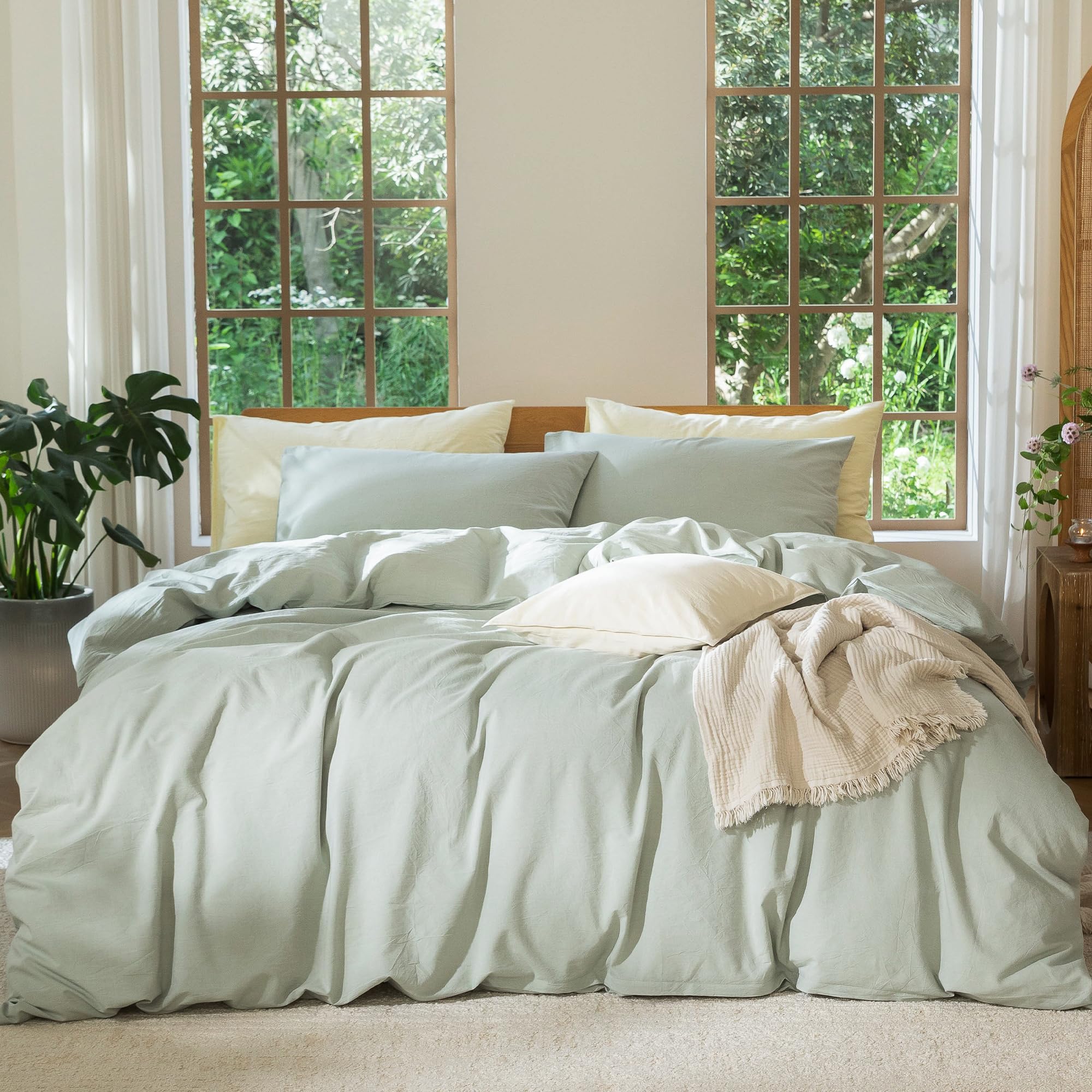 Photo 1 of MooMee Bedding Duvet Cover Set 100% Washed Cotton Linen Like Textured Breathable Durable Soft Comfy (Heathered Sage Green, Queen 90"x90")