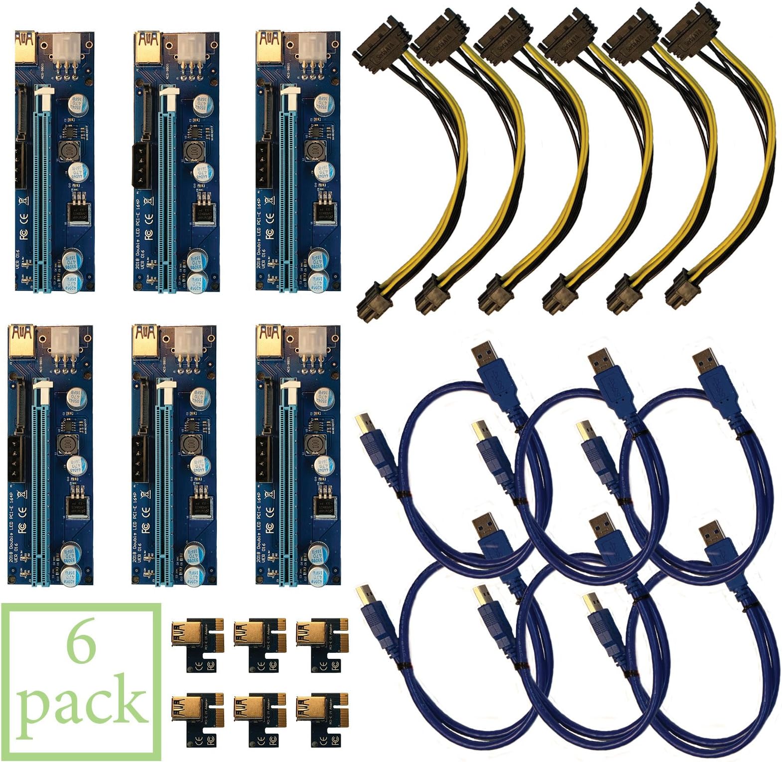 Sandbur 6-Pack PCIe Riser Mining Card PCI-E 16x to 1x Powered Adapter Card w/ 60cm USB 3.0 Extension Cable & MOLEX to SATA Power Cable - GPU Riser Adapter Extender Cable - Ethereum Mining ETH