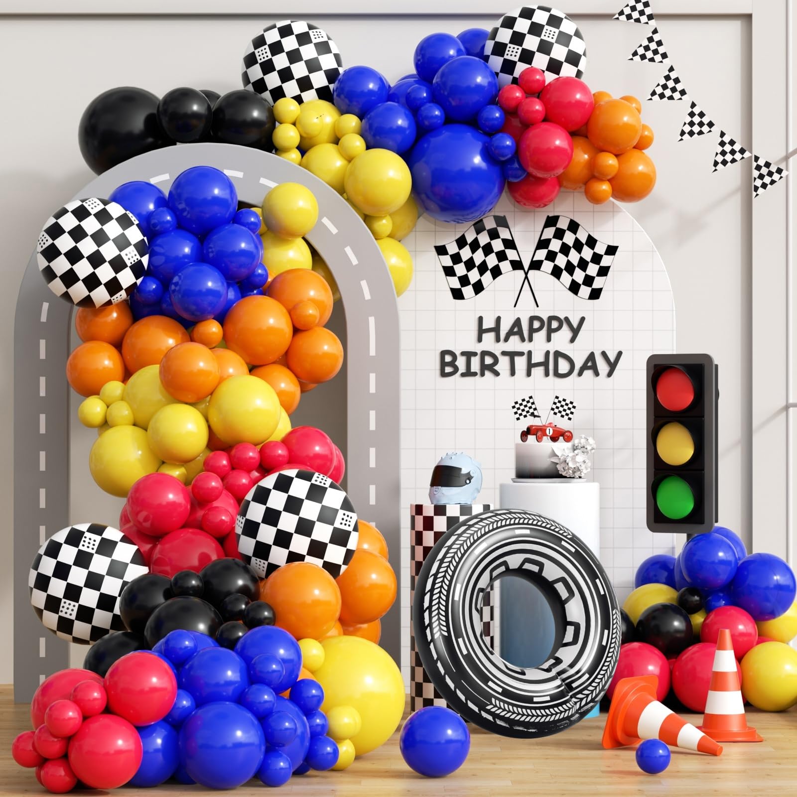 Photo 1 of 132pcs Race Car Balloon Arch Kit, Race Car Party Decorations with Black Blue Yellow Red Orange Balloons Checkered Wheels Foil Balloons for One Two Fast Race Car Birthday Party Decorations for Boys