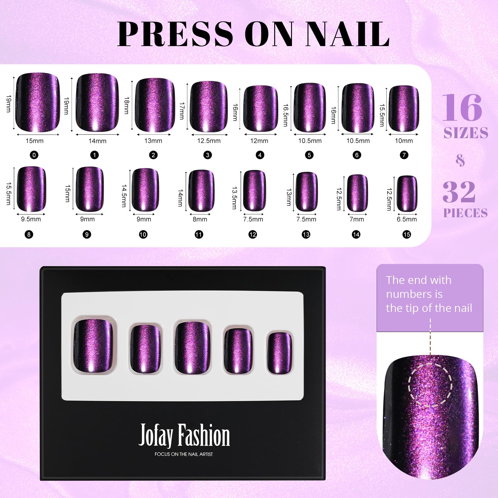 Cat Eye Press on Nails Short, Jofay Fashion Stylish Purple Square Press on Nails, Soft Gel Fake Nails, Reusable & Natural Acrylic False Nails, Stick on Nails for Women Gift, Glue on Nails Kit 32 Pcs - Image 6