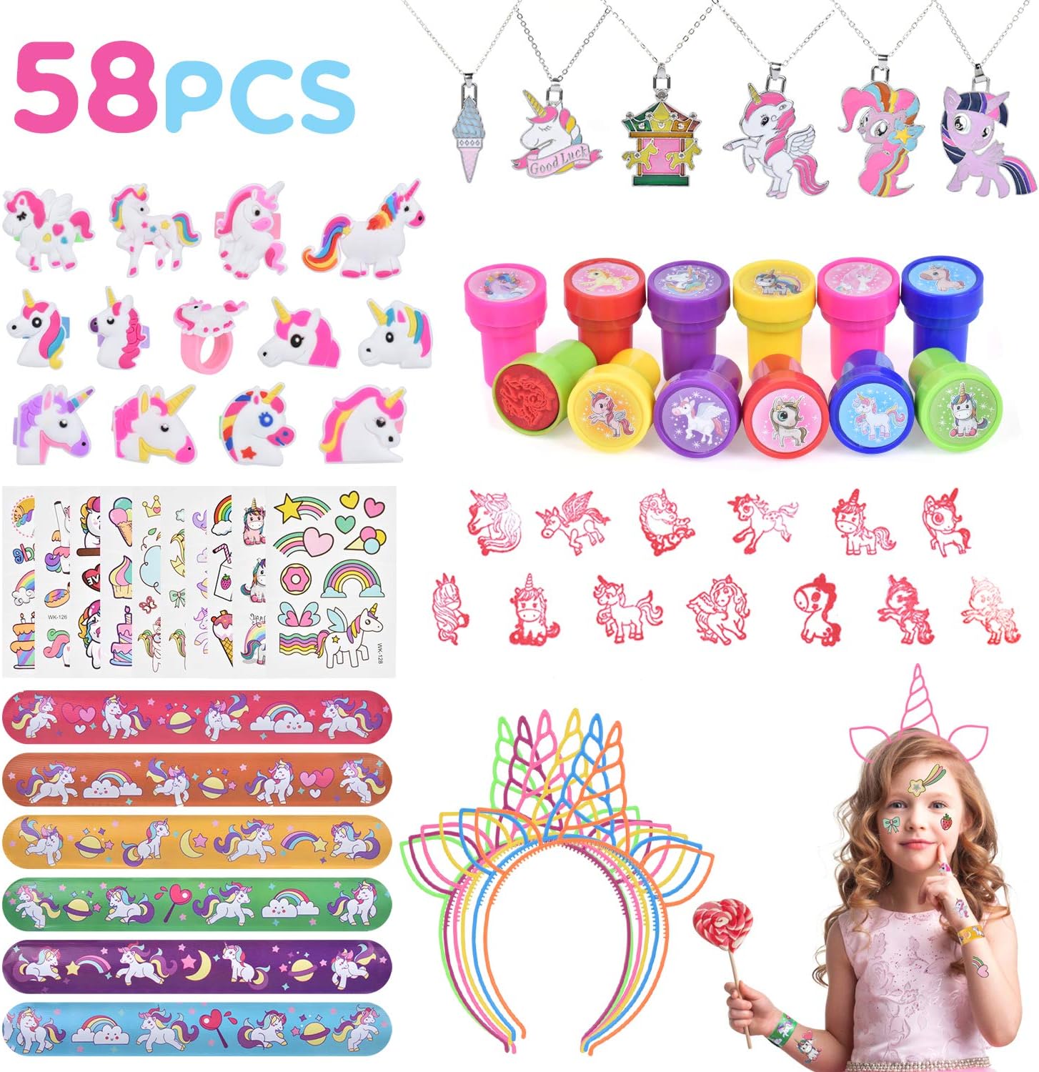 Ulikey 58 PCS Unicorn Party Favors, Unicorn Gifts Unicorn Slap Bands Ring Temporary Tattoo Unicorn Party Supplies Unicorn Gifts Birthday Party Favors for Kids Girl Boys