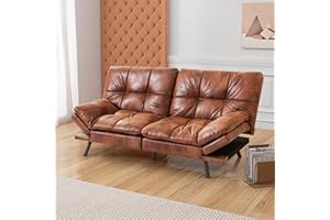 Cozysnooze Convertible Futon Sofa Bed Couch,Faux Leather Futon Sofa Couch,Memory Foam Futons,Small Splitback Modern Loveseat Sleeper Couch Bed for Living Room,Office,Apartment,Saddle Brown