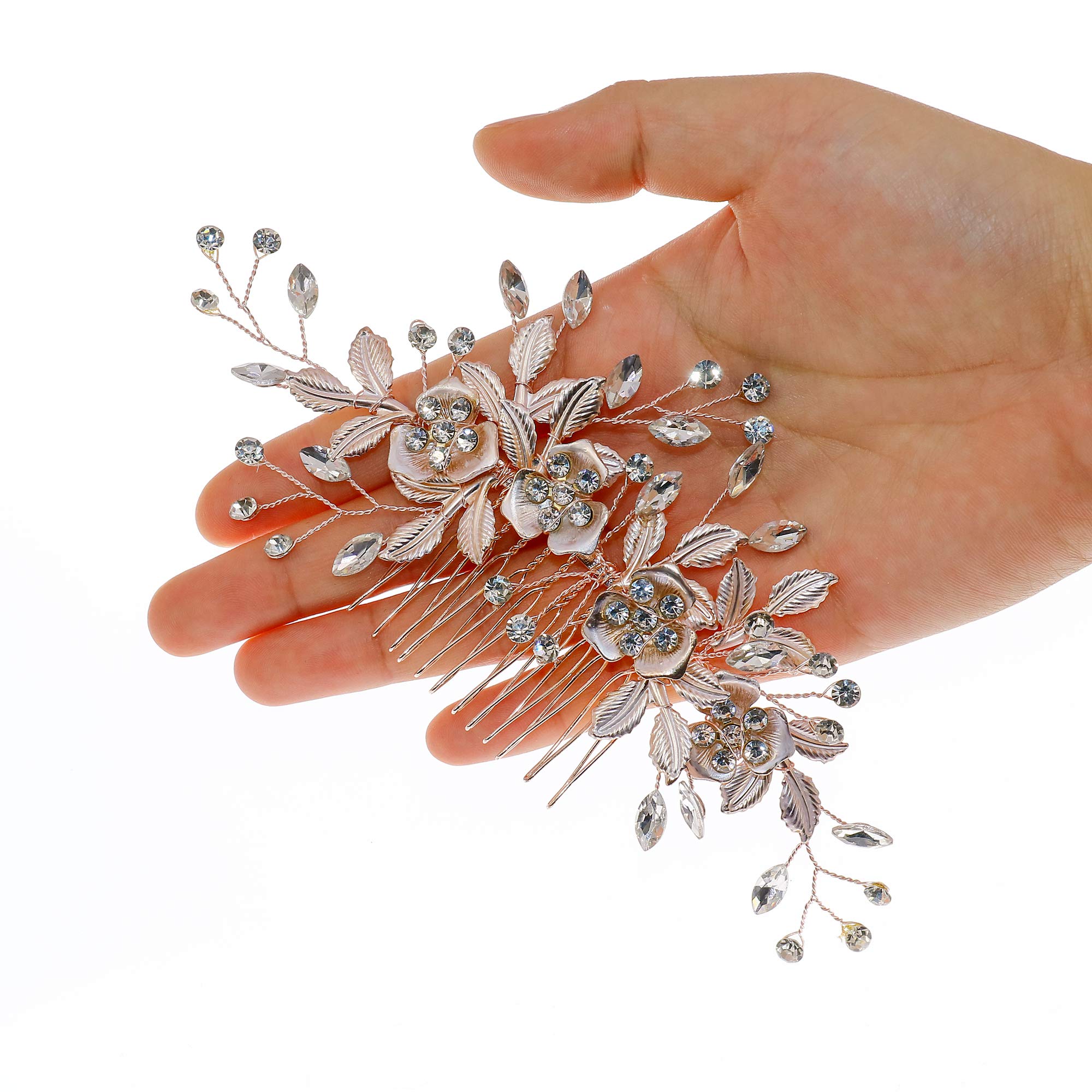 Flower Hair Clip Barrate Birthday Wedding Prom Girl Women Hair Piece Accessory, Leaf Paves, Rose Gold (Rose Gold #2)