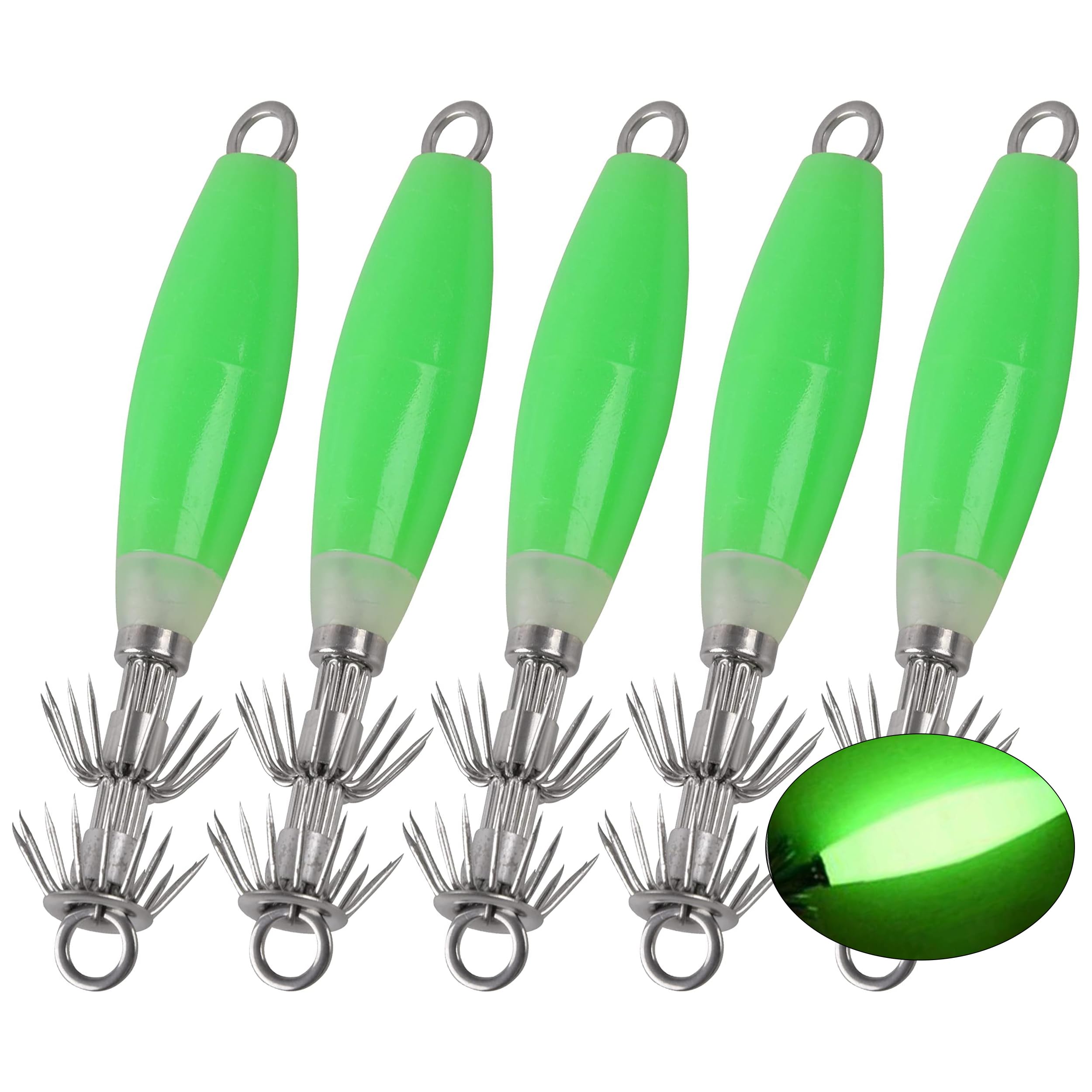 OROOTL Luminous Squid Jig Hooks Saltwater, 5pcs/10pcs Glow Squid Jigs Kit Fluorescent Cuttlefish Sleeve Jig Octopus Squid Lures Hard Fishing Bait Set with Tackle Box