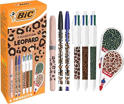 et Tipp-Ex Collection Léopard - Stylos-Bille Pointe Moyenne (1,0 mm), Surligneur Pointe Biseautée, Rubans Correcteurs (6 m x 5 mm) - Motifs Aléatoires, Boîte de 8