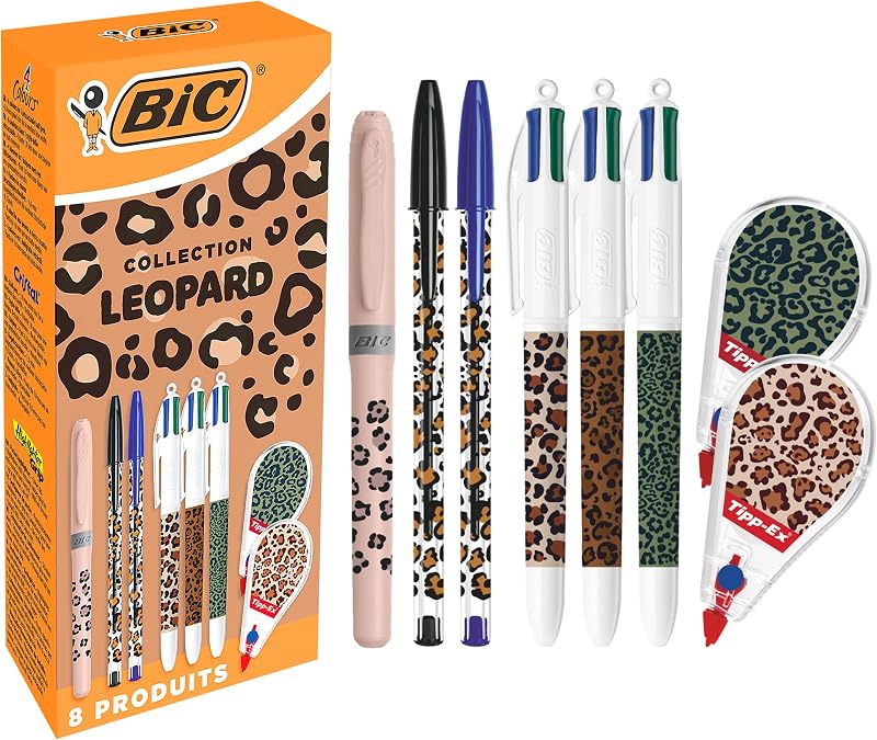 et Tipp-Ex Collection Léopard - Stylos-Bille Pointe Moyenne (1,0 mm), Surligneur Pointe Biseautée, Rubans Correcteurs (6 m x 5 mm) - Motifs Aléatoires, Boîte de 8