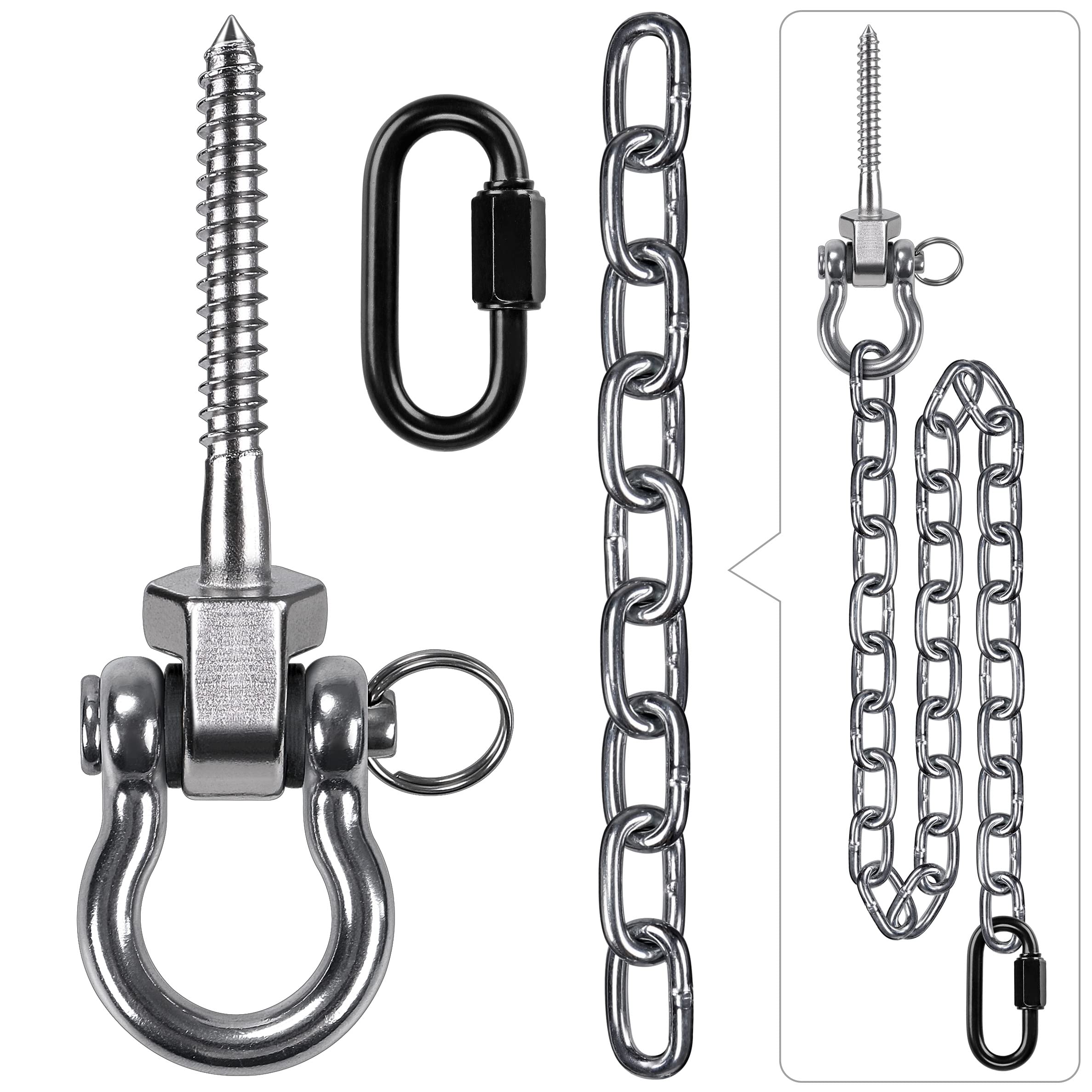 BeneLabel Swing Hanger, Heavy Duty Hammock Hook Hanging Chair Eye Bolt Screw 130mm Swivel Ceiling Beam Mounting Bracket with Carabiner & 100cm Silver Chain for Aerial Yoga/Punching Bag/Sandbag,1000lbs