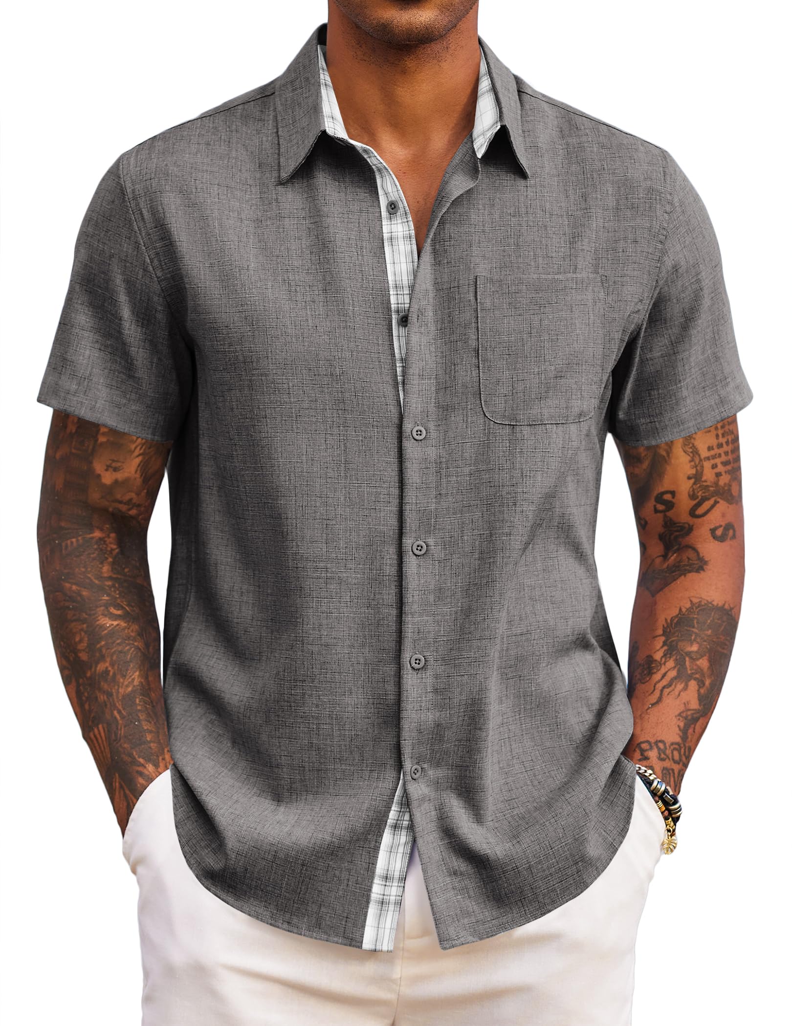 COOFANDY Men's Short Sleeve Summer Casual Shirt Regular Fit Casual Beach Shirt with Checked Shirt Strip
