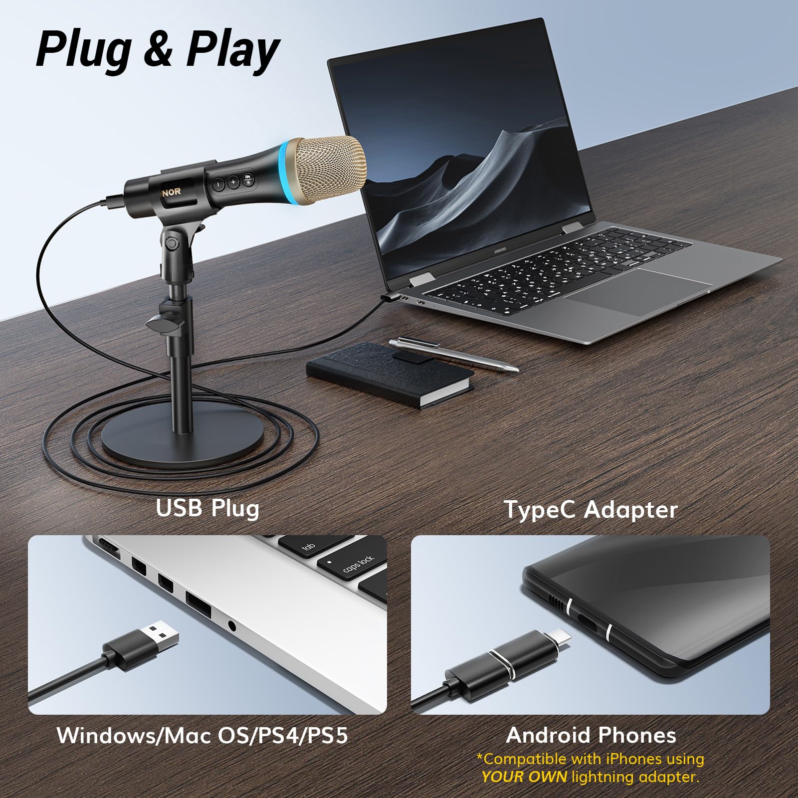 TONOR USB/TypeC Dynamic Microphone Vocal Mic, Single Directional Metal Handheld Wired RGB Condenser Microphone with Desktop Stand, One Click Mute for Live Streaming, Telework, Gamer, Content Creator,