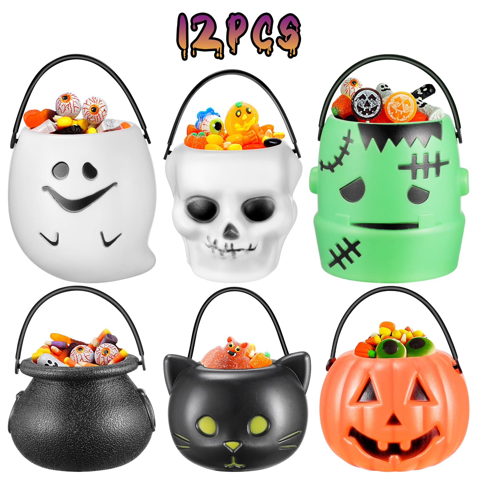 Cabilock 12PCS Halloween Pumpkin Bucket Mini Candy Holder Pots Novelty Halloween Trick Or Treat Pail With Handle Decor For Halloween Party Favors Supplies