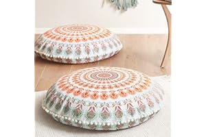 Codi Floor Pillows for Adults Set of 2, Large Boho Meditation Cushions with Memory Foam, Round Mandala Seating for Outdoor Yoga and Living Room, Washable, 32 Inch, Coral