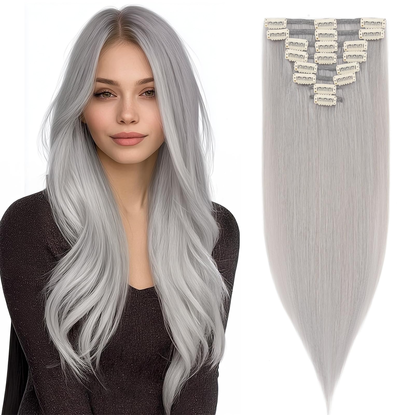 Silk-co Hair Extensions Clip in Hair Extension Human Hair (16inch-65g, # Silver Grey Hair) -Basic Thickness-Thin Weft- 8 PCS Real Remy Straight Hair Extensions — image 1