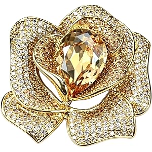 PLEKEE Rose Flower Brooch Pin with Large Teardrop Crystal and Micro Pave Cubic Zirconia Floral Lapel Pin for Suit Dress Weddi