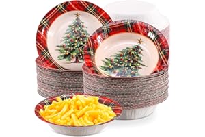 FYSUIMU 50Pcs Christmas Paper Bowls 16 Oz Red Green Plaid Xmas Tree Party Bowl Disposable Bowl for Winter Holiday Birthday Party Supplies