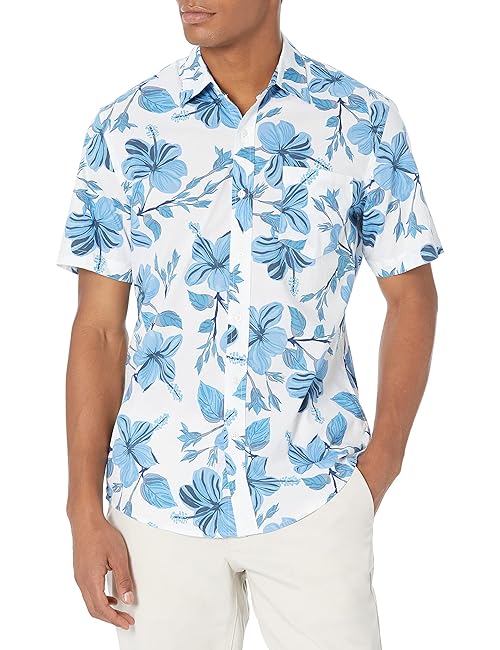 Amazon Essentials Slim-Fit Men's Short Sleeve Button Down Shirt, Blue Floral Print Design, XX-Large