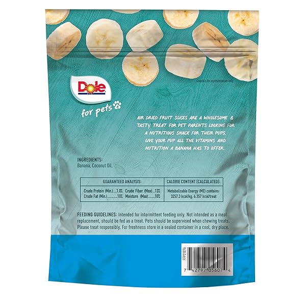 DOLE FOR PETS AIR DRIED BANANA DOG TREATS, SINGLE INGREDIENT DOG TREATS MADE WITH REAL BANANA, NO WHEAT, CORN, SOY, ARTIFICIAL FLAVORS, COLORS, OR PRESERVATIVES, AIR DRIED BANANA CHIPS, 6 OZ