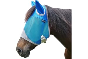 DEERFAMY Fly Masks for Horses,Breathable UV Protection Net Mesh Mask Stretchy Mesh Large Eye Space in Full Coverage,Soft & Gentle on Skin,with Ears,No Nose (Blue, M)