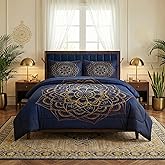WeCozy Queen Size Comforter Set with 2 Pillowcases, Navy Blue Boho Gold Mandala Soft 3 Pcs Bedding for Kids and Adults Bedroom Bed Decor