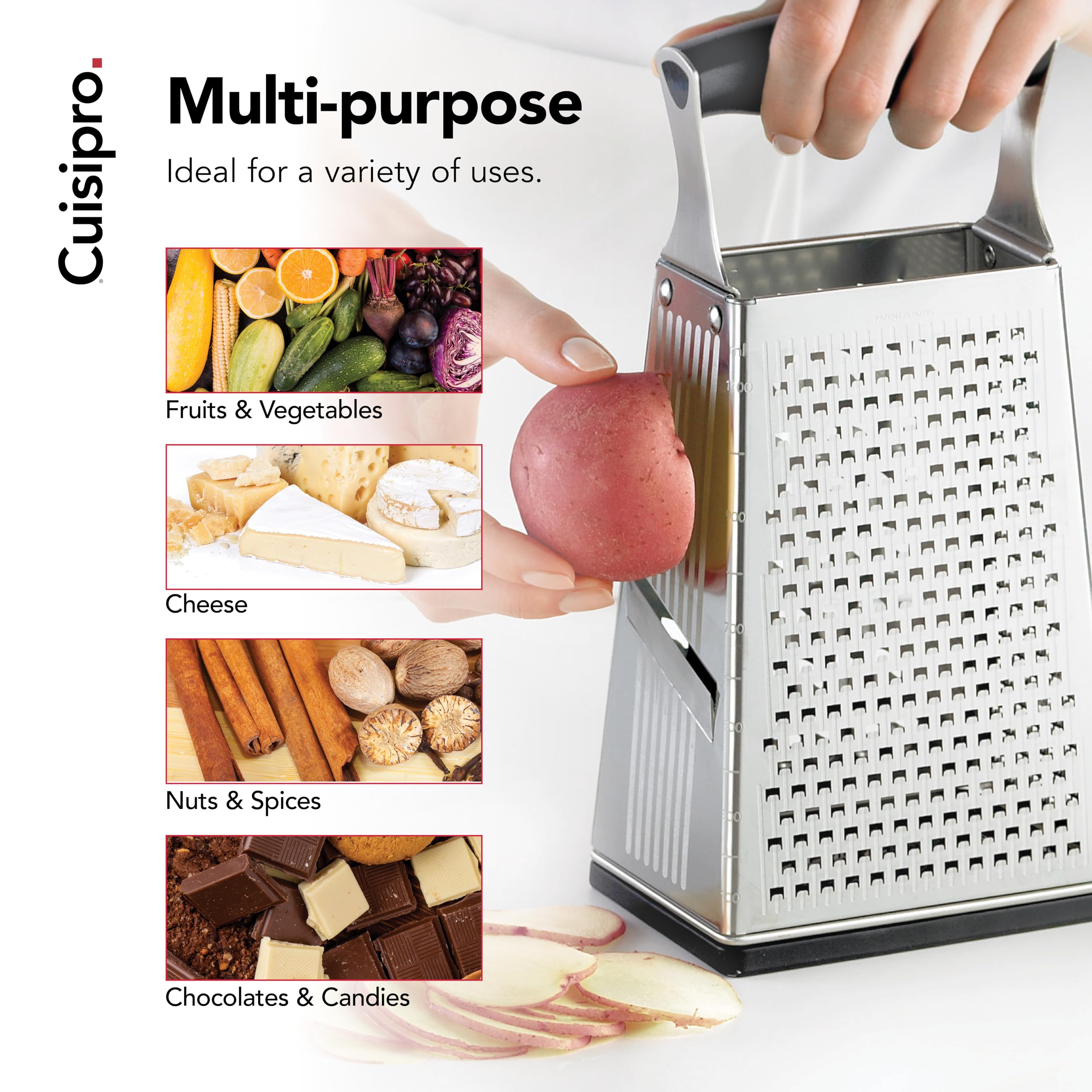 Cuisipro Stainless Steel Cheese Grater with Handle, 4 Sided Box Grater for Kitchen, Ginger Grater Dishwasher Safe, Fruit and Vegetables Slicer, Cheese Shredder for Potato, Chocolate, Parmesan, Ginger