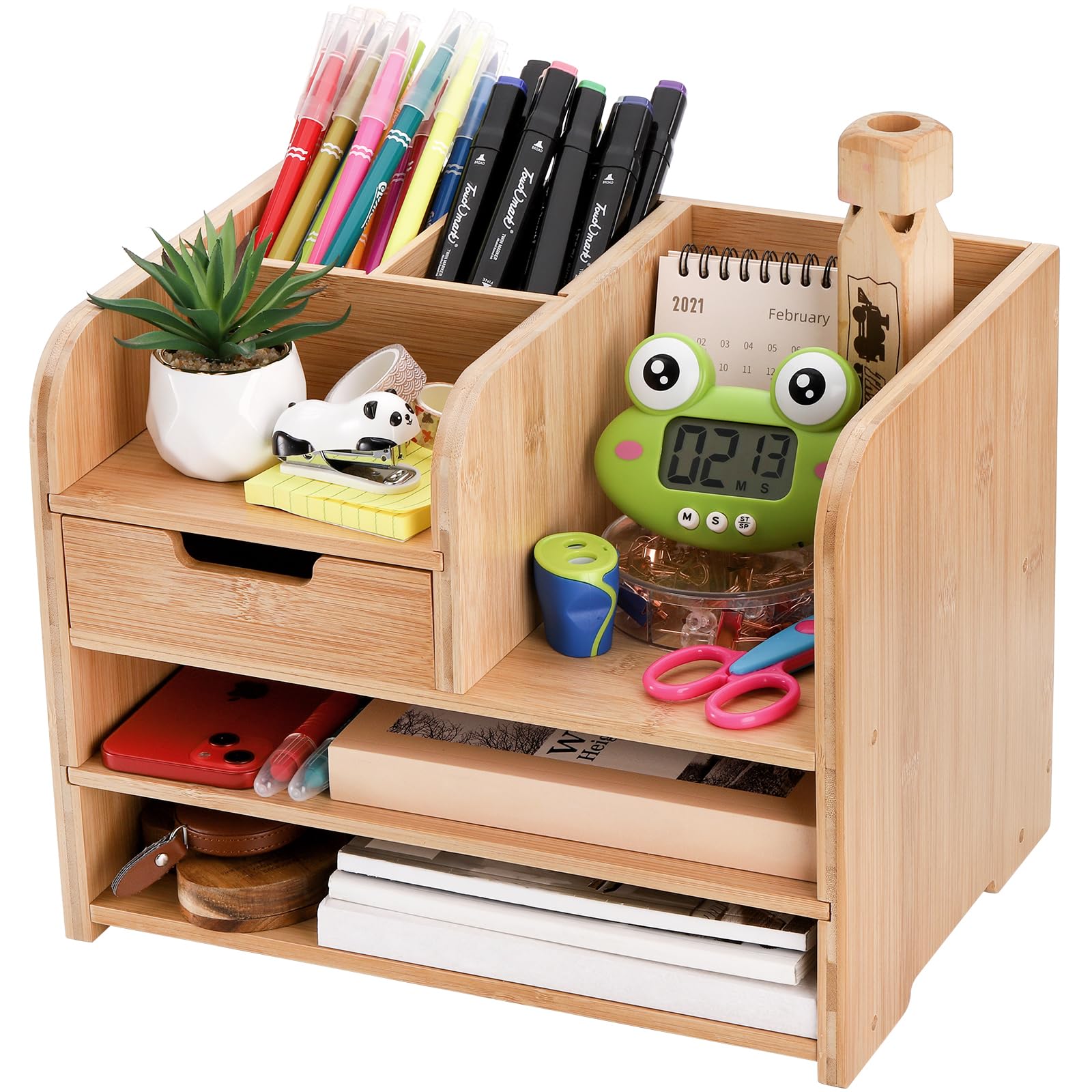 Photo 1 of Frcctre Bamboo Desktop Organizer with Drawer, 3 Tier Wooden Desk File Document Organizer with Pen Holder, Tabletop Stationery Storage Organizer Storage Rack for Desk Accessories, Office Supplies