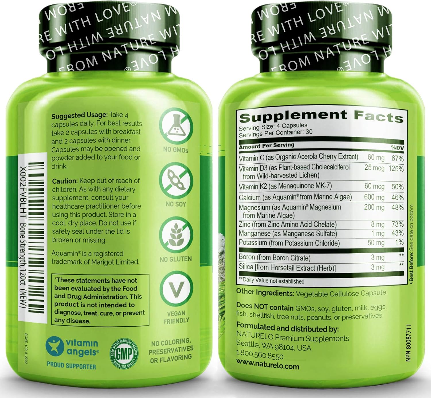 NATURELO Bone Strength - Plant-Based Calcium, Magnesium, Potassium, Vitamin D3, VIT C, K2 - GMO, Soy, Gluten Free Ingredients - Best Whole Food Supplement for Bone Health - 120 Vegetarian Capsules: Health & Personal Care