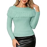 WLLW Women's Fringe Tops Juniors Boat Neck Sweater Long Sleeve Pullover Sweater Slim Fit Off Shoulder Sweaters