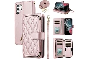 Furiet Argyle Wallet Case for Samsung Galaxy S25 Ultra 5G with Wrist Strap Shoulder Strap, Card Slots Zipper Purse Stand Checkered Phone Cover for S25Ultra 25S S 25 25Ultra Women Girls Rose Gold
