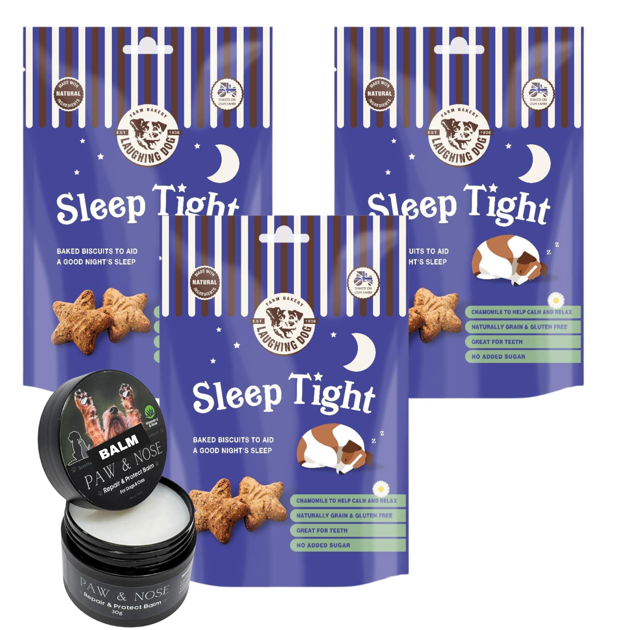 Dog Sleep Biscuits Bundle contains Laughing Dog Sleep Tight Treats, Pack of 3 X 125g, Paw and Nose Balm