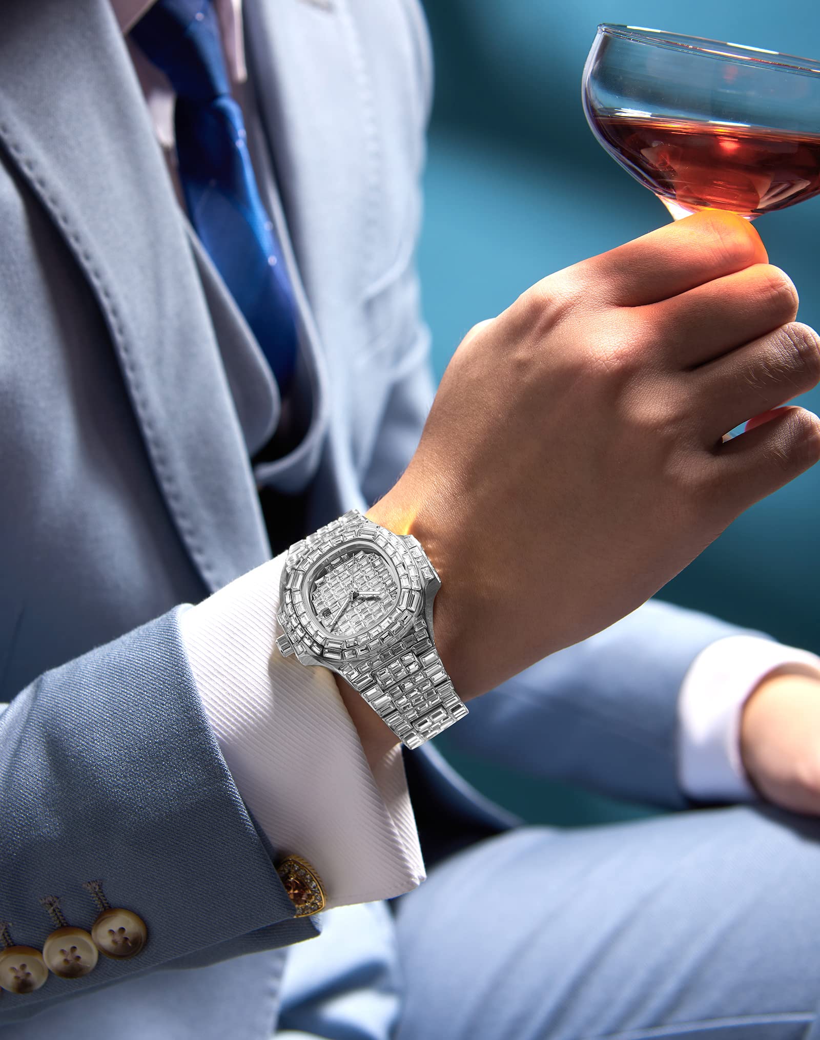 DROCUAMGOYA Top Bling Luxury Men Diamond Watch Full Iced Out Baguette Quartz Analog Date Wrist Watch Stainless Steel Waterproof Watches Hip Hop Rapper (Silver)
