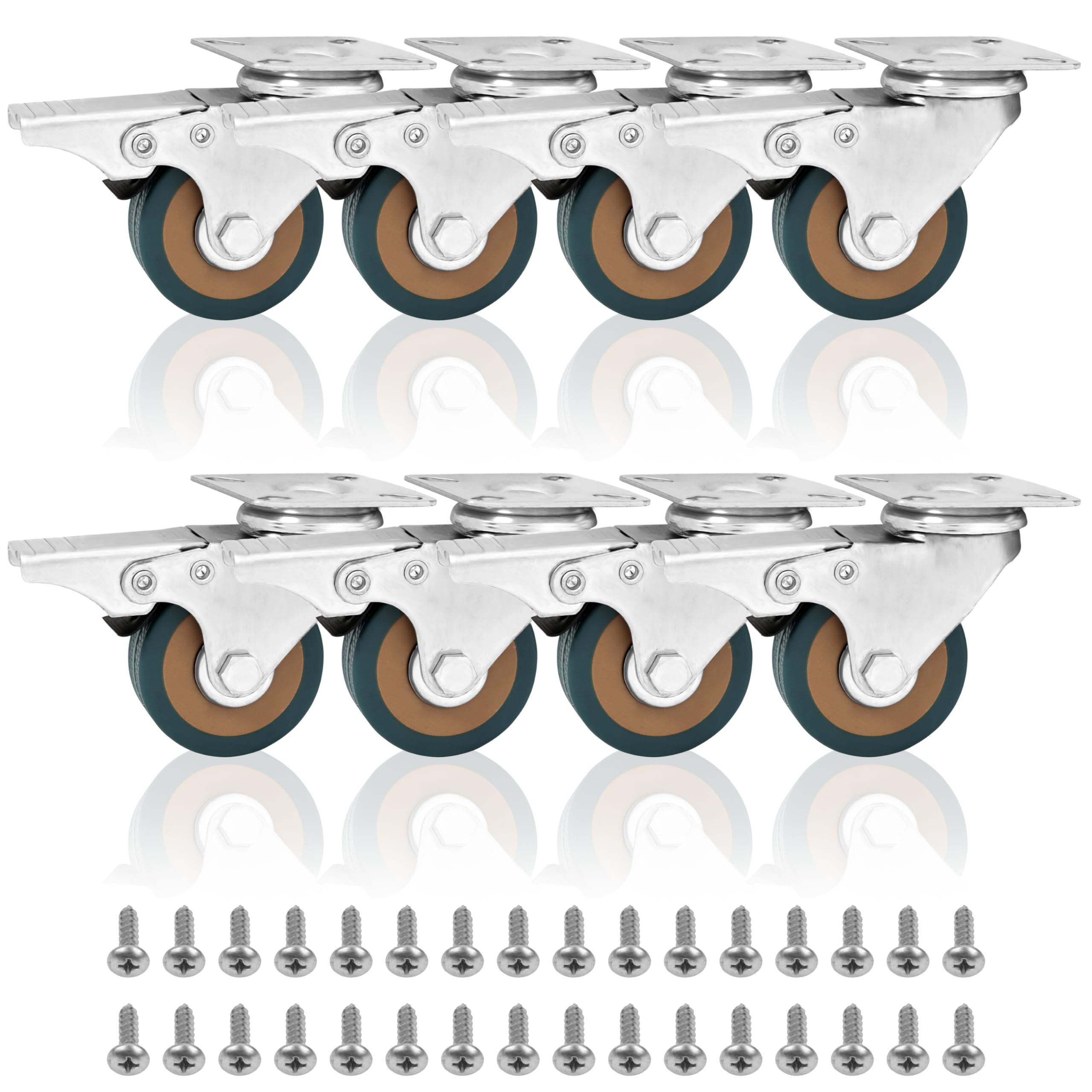 Kurtzy Pack of 8 Heavy Duty Transport Castors - 50 mm Wheels Heavy Duty with Rubber Wheels, Screws, Locking Brake and Metal Plates - for Trolleys, Industrial Use and Furniture Transport