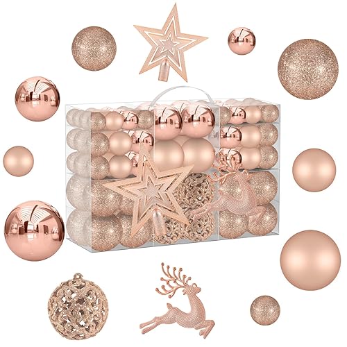 102PCS Assorted Rose Gold Christmas Ornaments,Shatterproof Plastic Christmas Ball Tree Ornaments Set for Tree Decorations