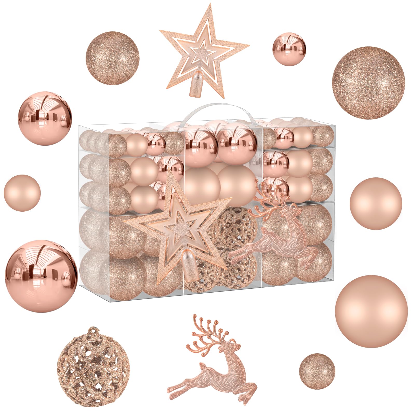 Photo 1 of 102PCS Assorted Rose Gold Christmas Ornaments,Shatterproof Plastic Christmas Ball Tree Ornaments Set for Tree Decorations