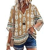 LOMON Women's 3/4 Length Sleeve Boho Tops V Neck Casual Vacation Clothes Loose Fit Tunic Shirts S-3XL