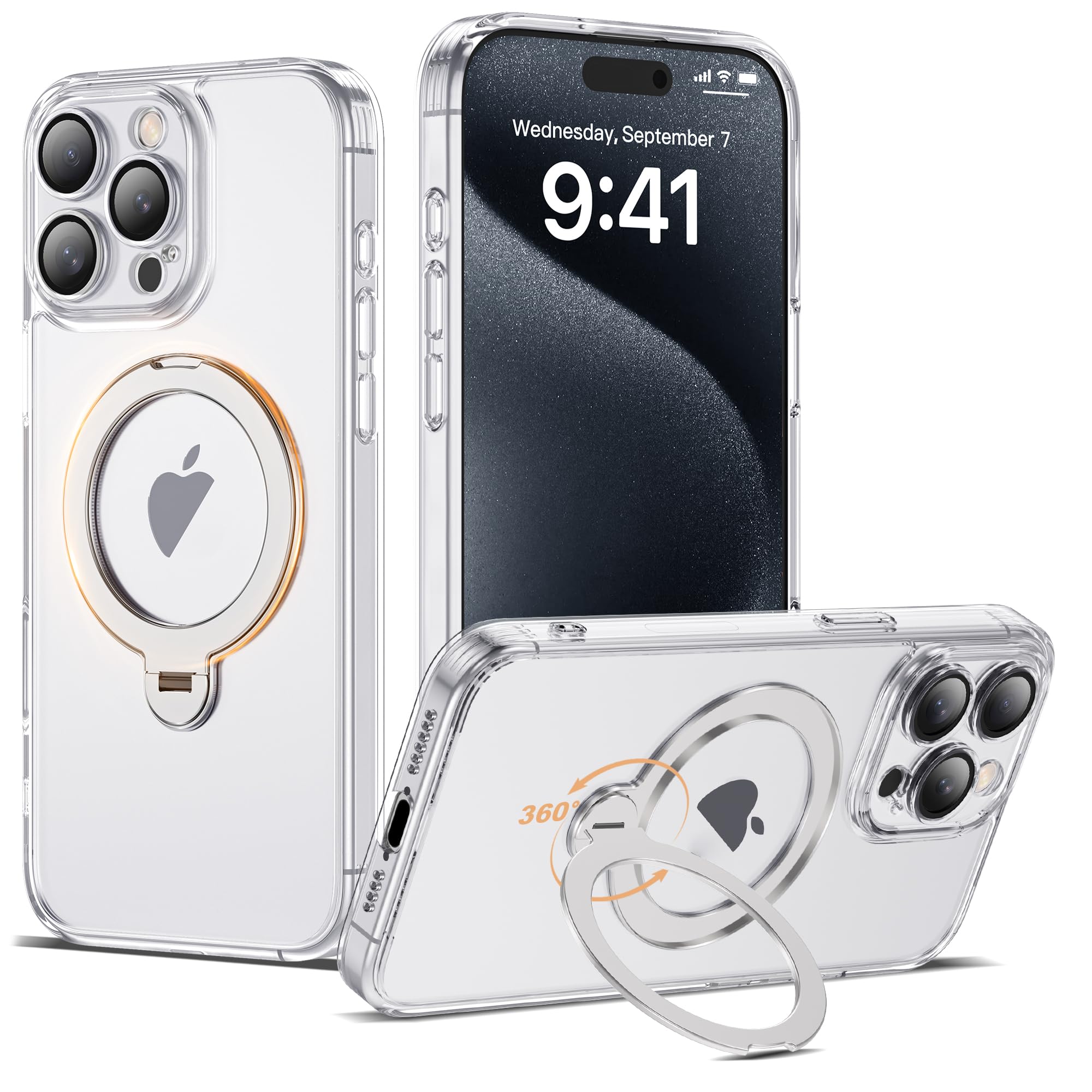Photo 1 of AmoraAqua Compatible with iPhone 15 Pro Max Case with 360° Spin Magnetic Ring Stand [Compatible with Mag-Safe] Full Camera Lens Protector Plating Clear Phone Case for iPhone 15 Pro Max 6.7", Clear