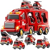 TEMI Fire Trucks Boy Toys for Toddlers 3-5 Year Old - Firetruck Toys for Kids 3 4 5 6 7, Transport Vehicle Carrier Set, Birthdays Gifts for Kids Girls Aged 4-6