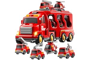 KIZONLY Fire Truck Toys for Toddler 1-3 3-5, 5-in-1 Fire Car Carrier Vehicle Set for Girls 1 2 3 4 5 6 Years Old, Transport Car with Light Sound, Birthdays Gifts for Kids Girls Aged 3-9