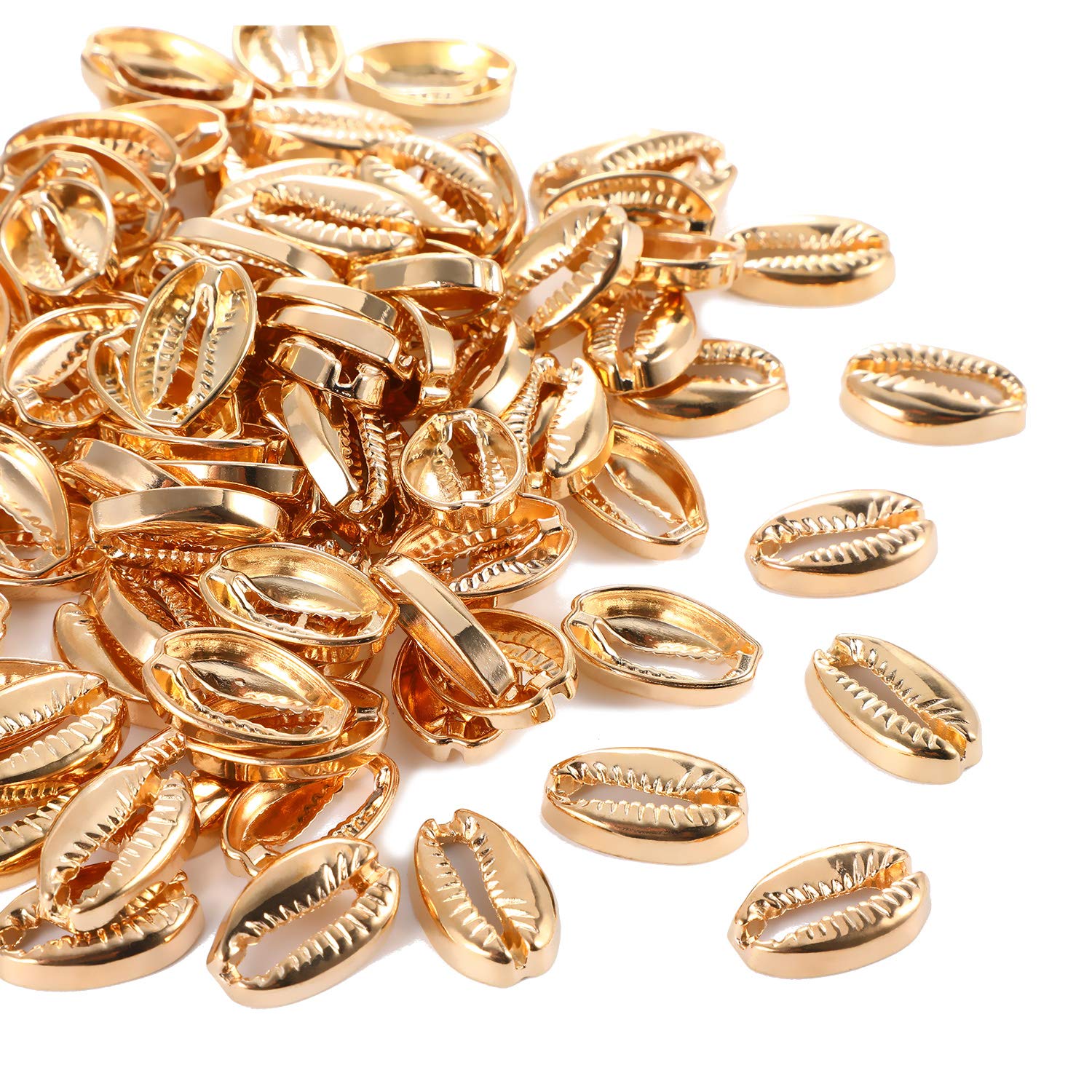 Photo 1 of 100 Pieces Gold Cowrie Shells Golden Electroplated Shell Beads Seashells for Hawaii Anklet Bracelet Home Decoration Beach Mermaid Party Submarine Party Holiday Ornament Making