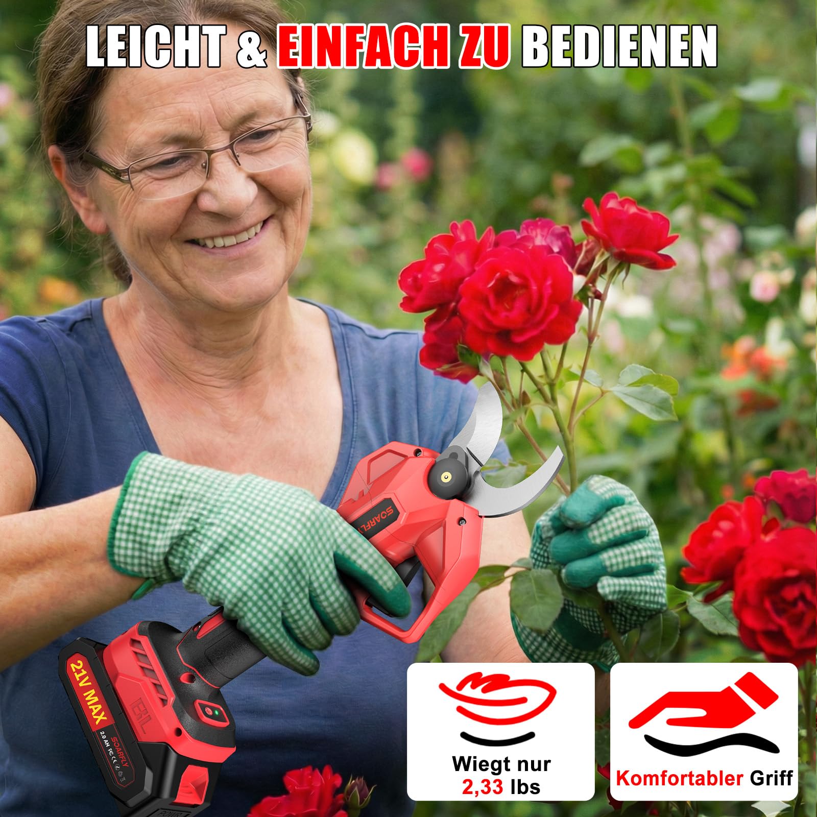 SOARFLY Akku Astschere 50mm, Elektrische Gartenschere mit 2 Akkus, Leistungsstarke Astschere Akku für Obstbäume Garten und Sträucher, Kabellose Gartenschere mit SK7 Klinge und Sicherheitsfunktion, Rot 7