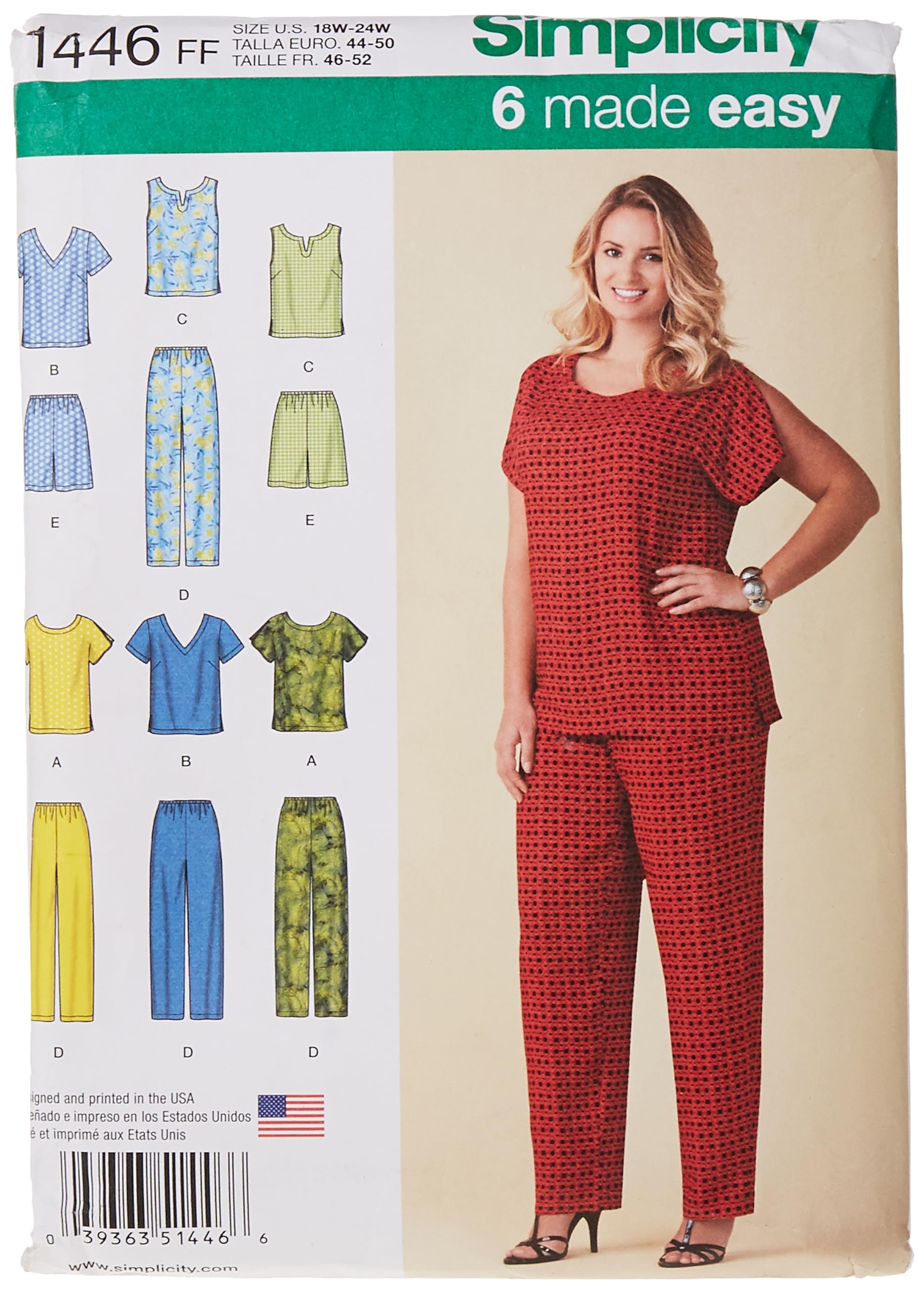 Simplicity Sewing Pattern 1446: Six Made Easy Pull on Tops and Pants or Shorts for Plus, Size, Paper, White, FF (18W-20W-22W-24W)