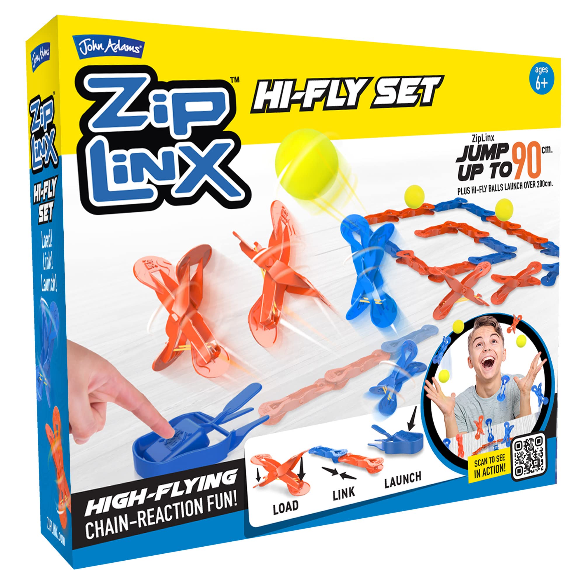 John Adams | ZipLinx - Hi-Fly Set: high-flying chain-reaction fun! | Jumping Domino Action | Domino and Tile Games | Ages 6+,Yellow
