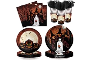 XIENBLOC 120pcs Halloween Party Plates Napkins Ghost Black Pumpkin Halloween Party Supplies Kids Spooky Paper Cups Disposable Forks Tableware Set Halloween Dessert Plates Party Decorations Serve 24