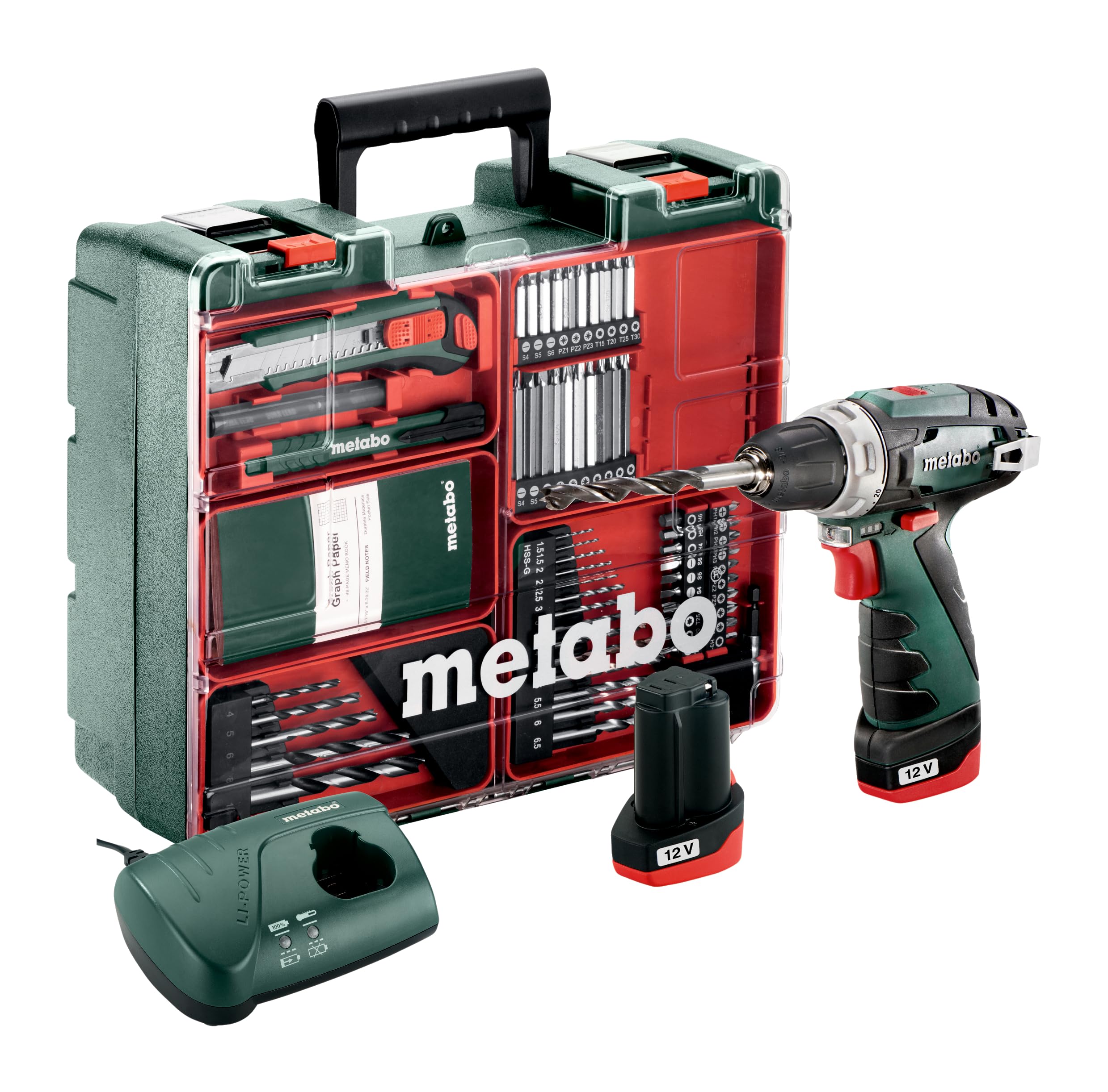 Metabo 600080880 Powermaxx BS 12v Cordless Drill/Screwdriver Inc 2X 2.0Ah Batteries & Charger with Accessory Set