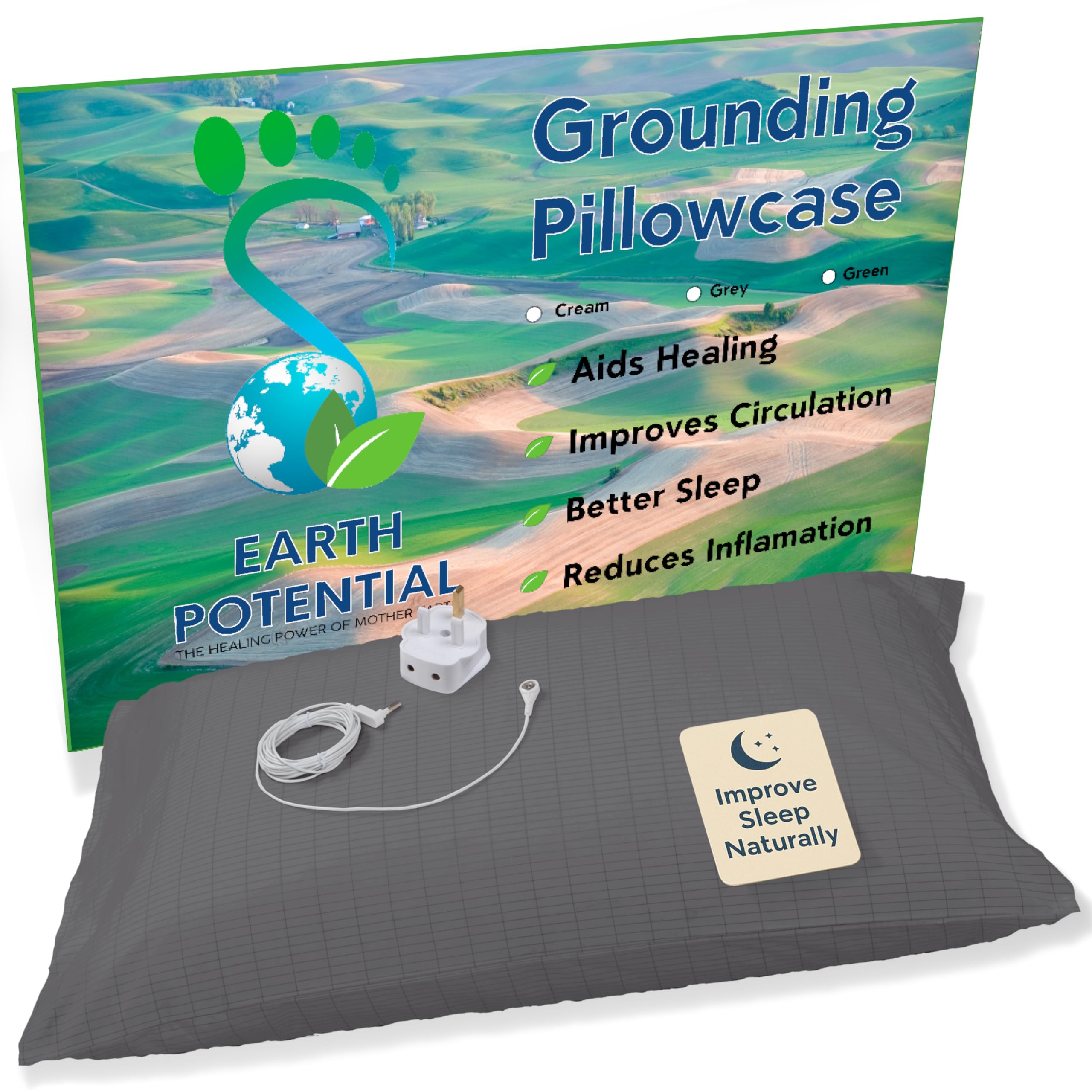 Earthing Grounding Pillowcase in Grey – made from 95% cotton and 5% soft silver thread to fit a standard UK pillow - supplied complete with a 5m cable and UK double outlet grounding plug